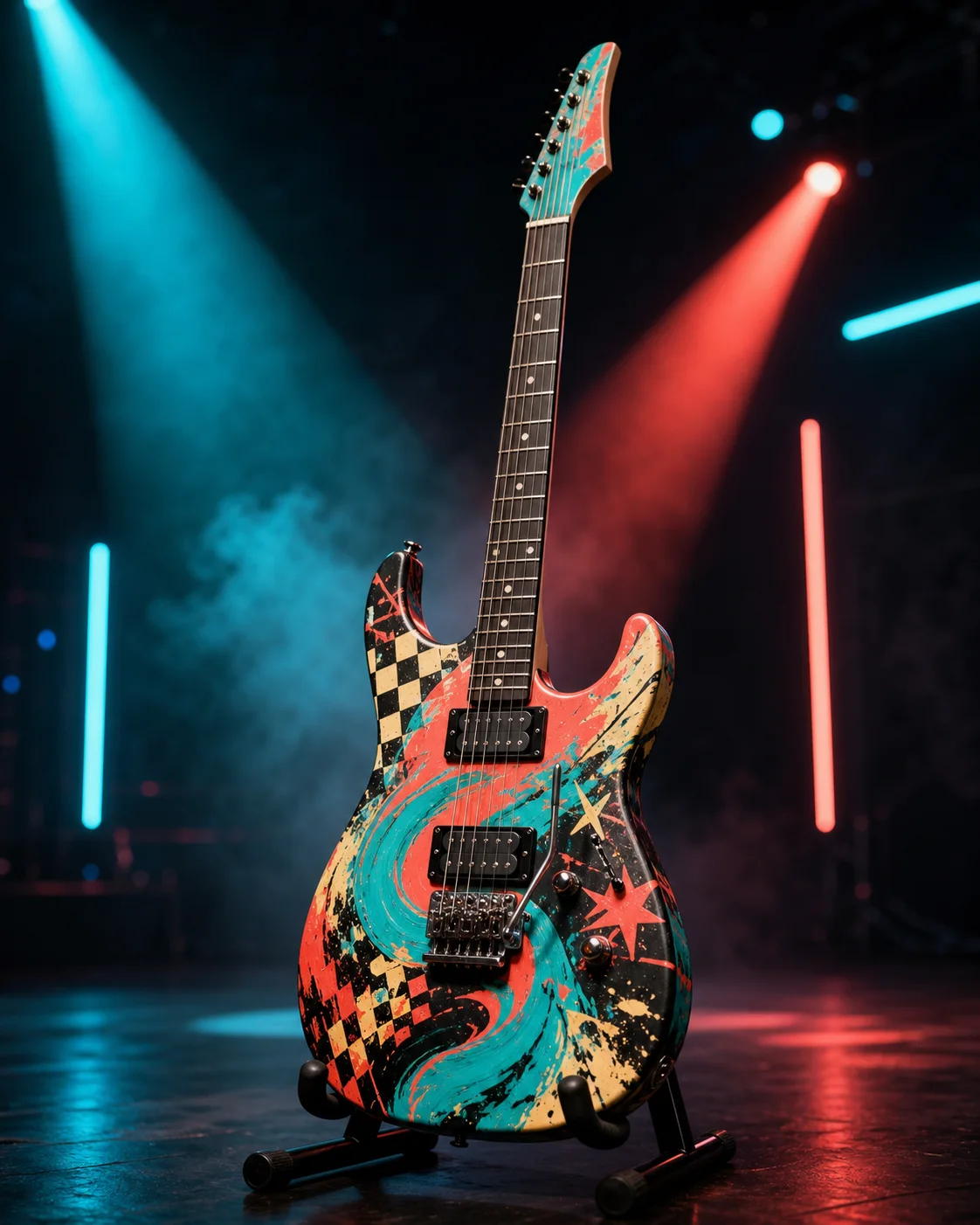 Electric Static guitar painted with cyan and coral abstract patterns