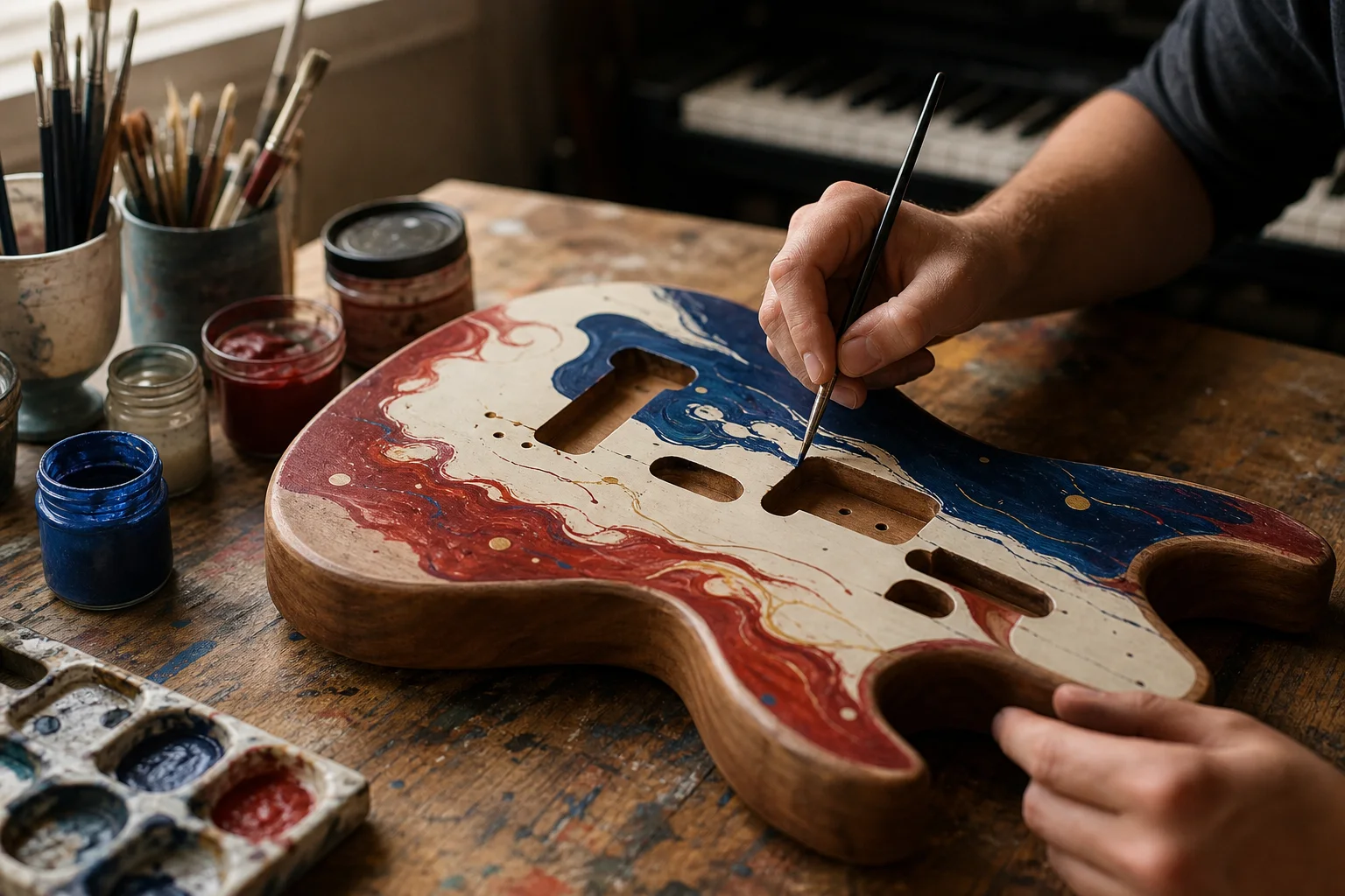 Hands painting red and blue artwork on a guitar body beside brushes and piano keys