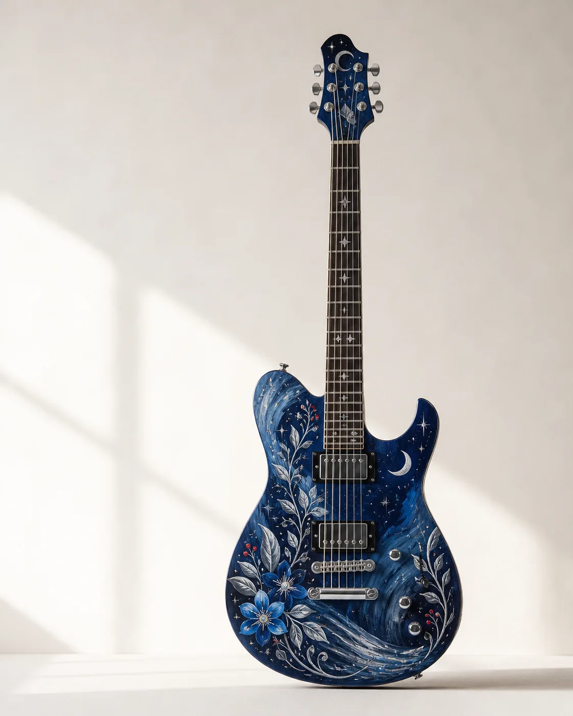 Midnight Bloom painted electric guitar with blue flowers and stars