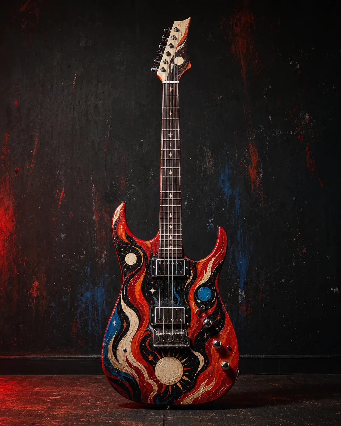 Electric guitar painted with red flames, celestial symbols and blue details